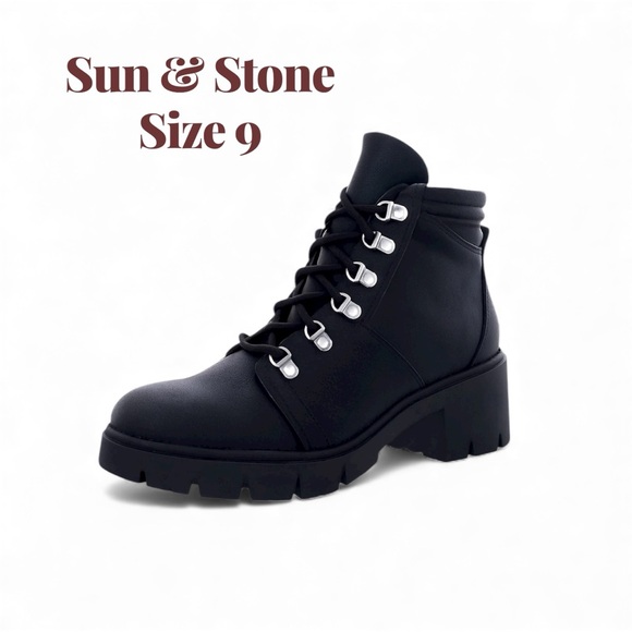 Sun + Stone Shoes - Sun & Stone Edgy Platform Chunky Block Heel Combat Moto Boots | Black | Sz 9